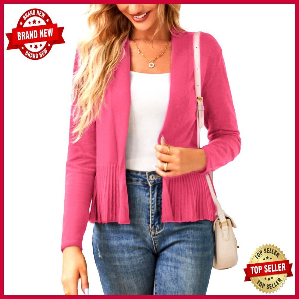 Lightweight Cropped Cardigan Long Sleeve Peplum Knit Top Medium